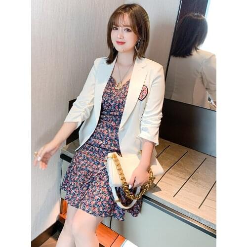 High quality Suit jacket+Two piece Printed Dress with drawstring ruffle 2021 summer new pattern