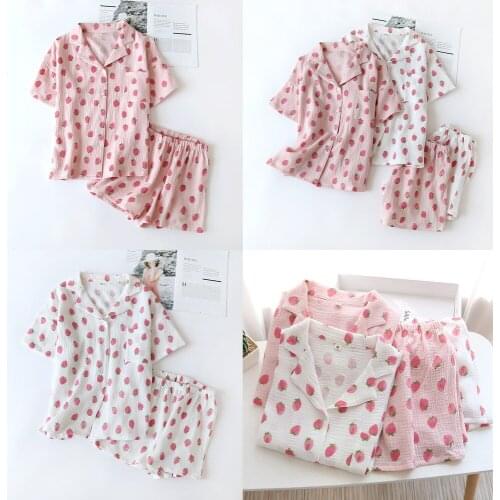 Japanese New Style Summer Cotton Short-sleeved Shorts Pajamas Suit Women Double Gauze Cute Strawberry Thin Home Service Women