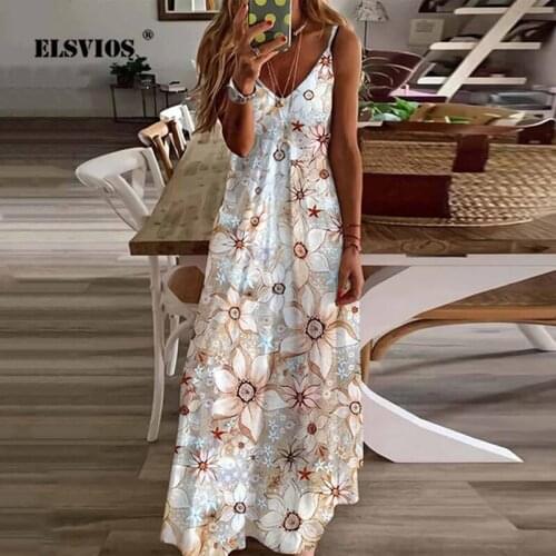 Womens V-Neck Fashion Printed Loose Sling Dress Summer Sexy Sleeveless High Waist Casual Long Streetwear Elegant Ladies Vestido