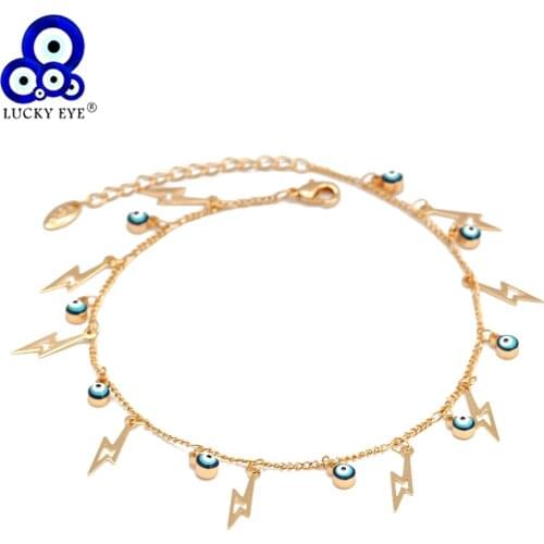 Lucky Eye Blue Turkish Evil Eye Charm Tassel Anklet Gold Silver Color Foot Chain Ankle Bracelet Adjustable for Women Girls BE121