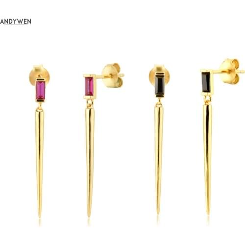 ANDYWEN 925 Sterling Silver Slim Long Spike Piercing Drop Earring Pendiente Rock Punk Fashion Crystal European Wedding Jewelry