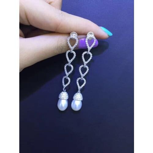 Long drop earring natural fresh water pearl earring tear drop shape 925 sterling silver with cubic zircon fine women jewelry