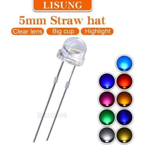 1000pcs/bag Super bright 4.8mm Straw Hat Led f5 Round Manufacturer clear lens White Red Blue Green Large Cup High Luminous Diode