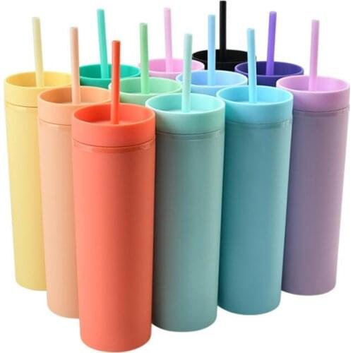 Hot Sale 16oz Double Wall Plastic Cup Reusable With Straw and Lid Slim Skinny Tumbler Colorful Matte Water Bottle