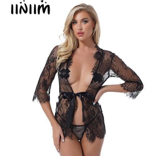 Women Pajama Set See-through Lace Long Sleeves Night-robe Sash Self Tie Front Closure with G-String Thongs Briefs Sexy Sleepwear
