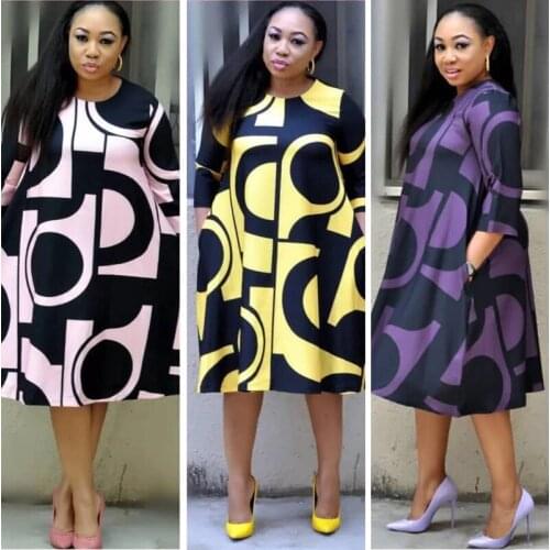 2021 New Autumn and Winter Woman Dreses Zipper Loose Casual A-line Digital Printing Round Neck Medium Sleeve Large Size Dress