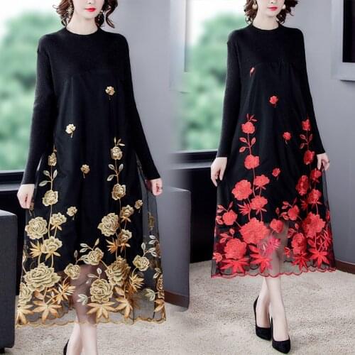 Mesh Embroidery Red Floral Elegant 3XL Plus Size Sweater 2020 Autumn Winter Women Vintage Bodycon Knitting Sweater Midi Dresses