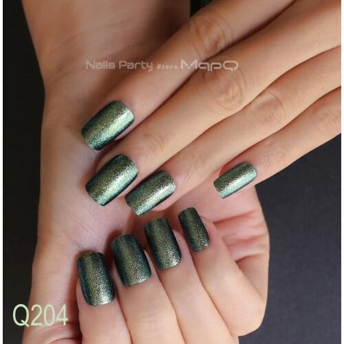 Flash medium length 24pcs chrome Christmas green fasle nails with adhesive tabs full set fake nails Square Full size nails