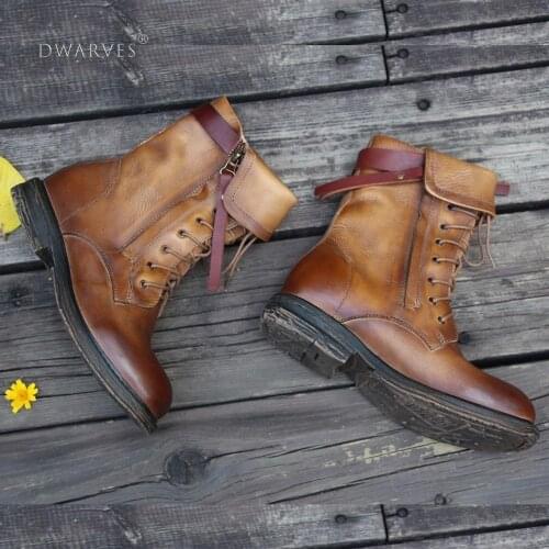 Retro Boots Women Handmade Genuine Leather Martin Boots Women Biker Boots Lace-Up Combat Boots Chunky Ankle Boots 2020 Camel