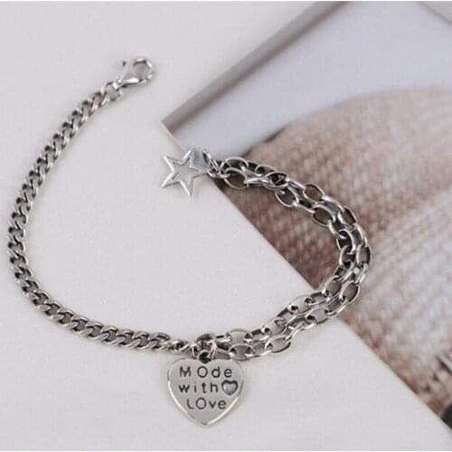 Sole Memory Retro Thai Silver Heart Romantic Letters Good Luck 925 Sterling Silver Female Resizable Bracelets SBR258