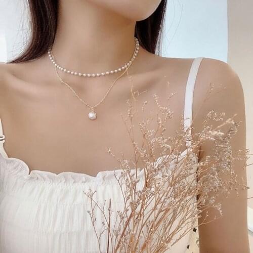 Layered Necklace Faux Pearl Alloy Pendant Necklace Clavicle Necklace for Women Girls Double Layer Chain Pendant Choker