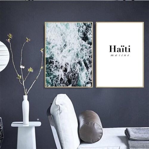 Blue Ocean Scenery Waves Plant Leaves Succulent Background Canvas Painting Wall Frameless Picture Poster Living Room Decoration