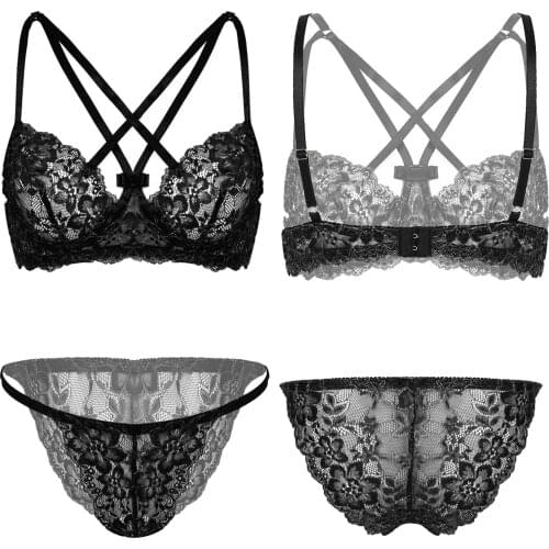 IEFiEL Womens Hot Sexy Underwear Floral Lace Lingerie Set Bikini Intimates See-Through Under-wired Bra with Briefs Panties