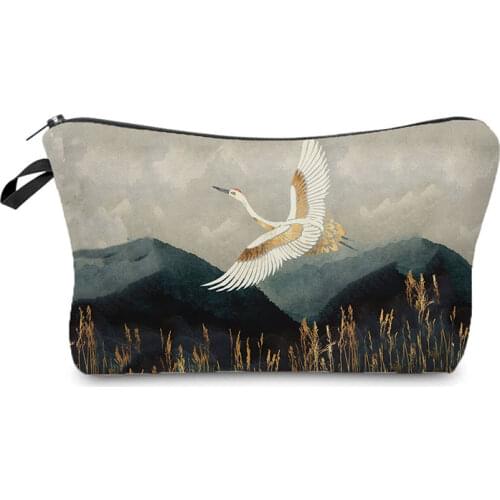 Japanese Style Ukiyoe Landscape Printing Women Cosmetic Bags Red-Crowned Crane Travel Storage Makeup Bag Classic Toiletry Bags