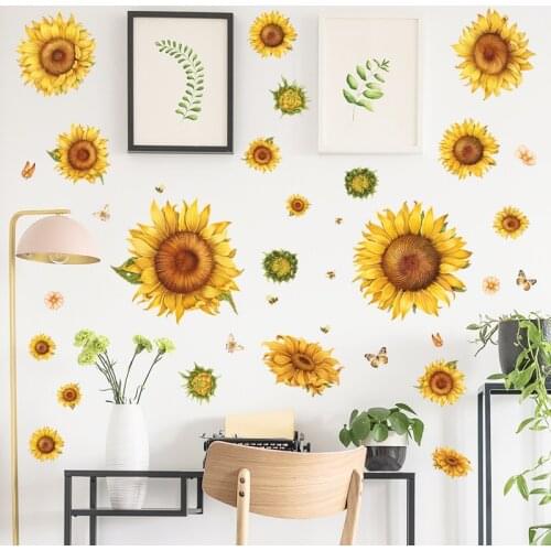 Colorful Sunflower Wall Sticker Dandelion Plant Stickers Plant Butterfly Wall Paper Background Decor Living Room Decoration