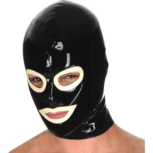 Natural Latex Mask Men Sexy Rubber Hood With White Eyes Mouth Edge Back Zip Handmade Headgear RLM187