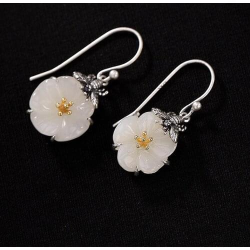 Natural retro mosaic plum blossom butterfly white jade earrings 925 silver carved charm jadeite jewelry fashion for women gifts