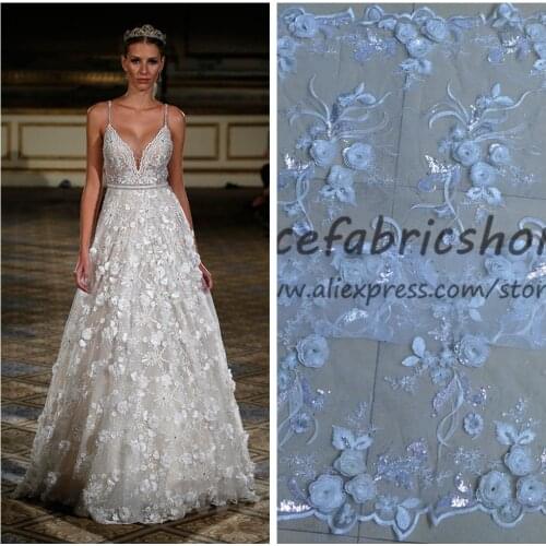 New fashion off white sparkling sequins 3D rose flowers on net embroidery fabric bridal evinging show dress lace fabric 130cm