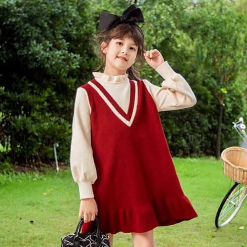 Autumn Winter Knitted Dress For Girls Fashion Patchwork Style Knit Gowns Children Outdoor Casual Dresses Clothes 5-14 Years