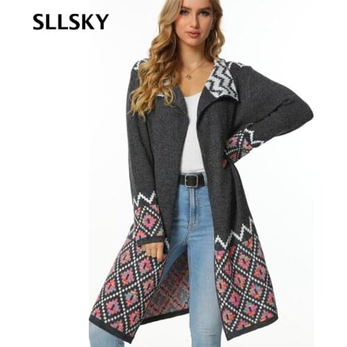 SLLSKY Fashion Plaid Long Cardigan Women Sweater Autumn Patchwork Knitted Turn-down Collar Sweater Female Loose Ladies Sweater