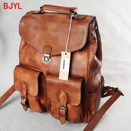 Men Backpack Large Capacity Hasp Laptop Bag Shoulder Bag Retro Lock Travel Backpacks Cowhide Leather Casual Real Genuine Leather