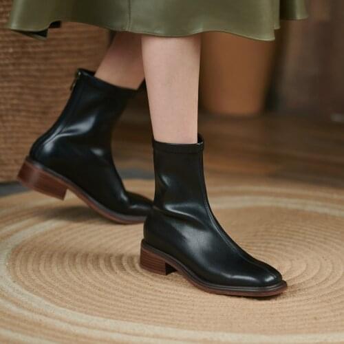 Handmade Women Boots Woman Chunky Heel Ankle Shoes Square Toe Pu Leather Middle Heels Casual Solid Zipper Ladies Booties Size 40