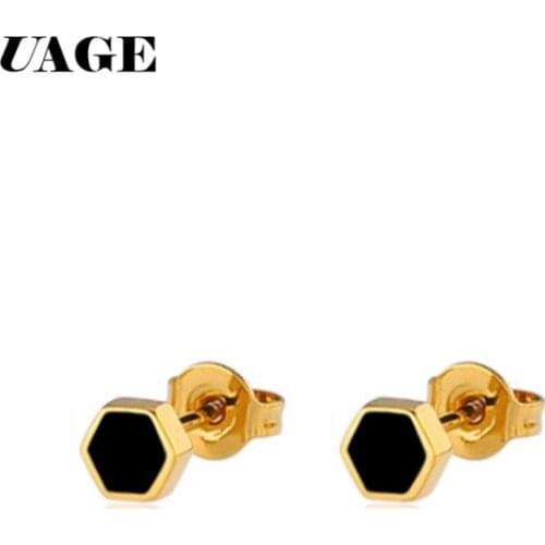 UAGE Fashion Jewelry Black Hexagon Earrings for Women Gifts Small Black Enamel Stud Earrings pendientes mujer mod