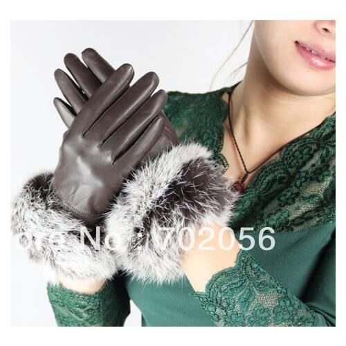 Women rabbit fur fringed Genuine leather gloves skin gloves LEATHER GLOVES mixed color SUPER QUALITY SOFT 12pairs/lot #3123