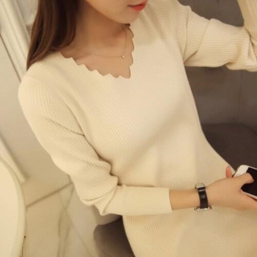 Womens Autumn Winter Korean Dress Sexy Cool V-Neck Long Sleeve Slim Versatile Knitted Bottomed Shirt Soft Breathable Dress