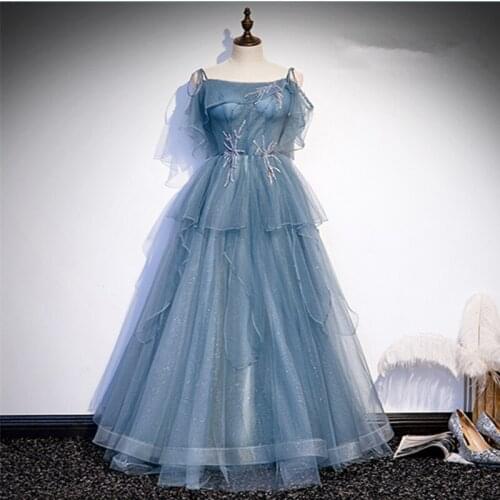 Vestido De Festa Scoop Neck A-Line Beads Evening Dress Robe De Soiree New Fashion Blue Evening Dresses Long Dress Formal Dress