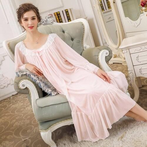 2020 Autumn Women Sexy Long Sleeve Modal Nightgowns Lace Sweet Princess Nightdress Retro Elegant Loose Sleepwear Home Dress