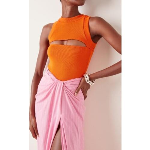 2021 Summer New Orange Sexy Hollow Out Slim Bodycon Bandage Bodysuits Women Fashion Night Party Wear Bodysuits