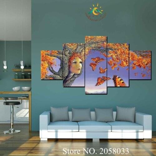 3-4-5 Pieces Tree Autumn Face Butterflies Leaves Girl Modern Wall Art Canvas Printed Painting HD Prints Modular Wall Pictures
