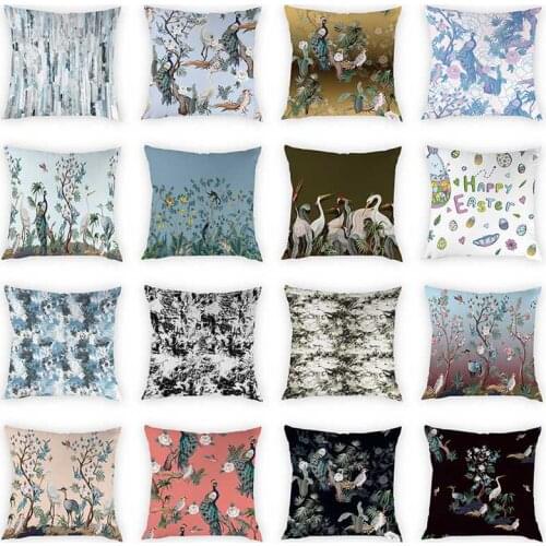 45x45cm Peach Skin Cushion Cover Bird Pattern Decorative Pillow Red-crowned Crane Peacock Floral Pillowcovers Home Decor
