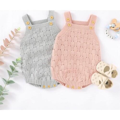 2021 NEW Infant Baby Clothes Knitted Jumpsuit Cotton Sleeveless Sling Loose Solid Color Button Closure Romper Hollow Out