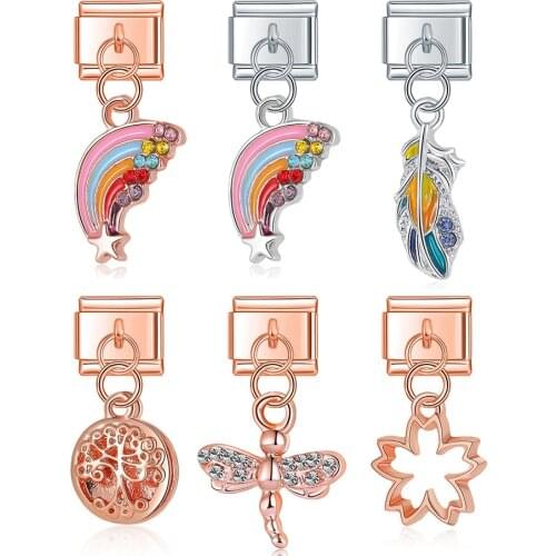 Hapiship 2021 Fashion Rainbow Dragonfly Feather Italian Link Charm Fit 9mm Bracelet Stainless Steel Jewelry DIY Making DJ394