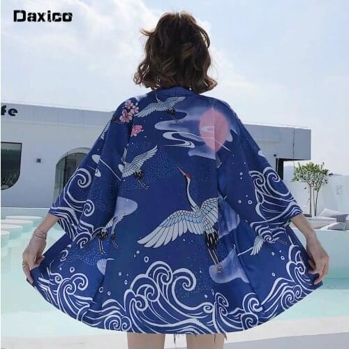 Japan Style Crane Print Woman Streetwear Kimono Cardigan Lady Japones Haori Yukata New Haori Samurai Summer Beach Kimonos