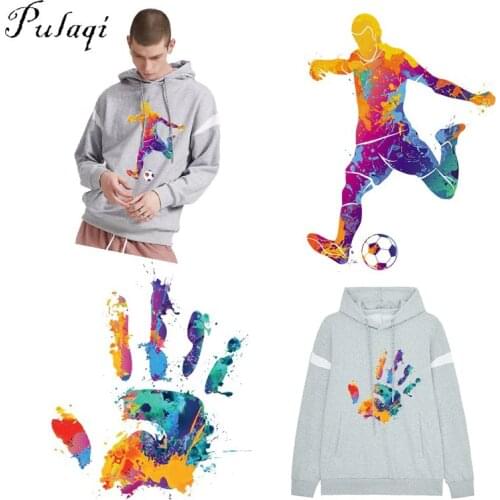Pulaqi Colorful Hand Football Man Patches Iron On Transfer For T-Shirts Heat Thermal Transfers Patch Decor For Clothes Sticker F
