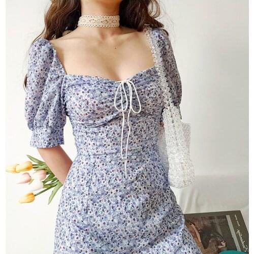 Summer Retro Boho Tie Neck Floral Print Spaghetti Strap Dress Women Purple Blue Elegant Puff Sleeve Y2k Party Beach Light Dress