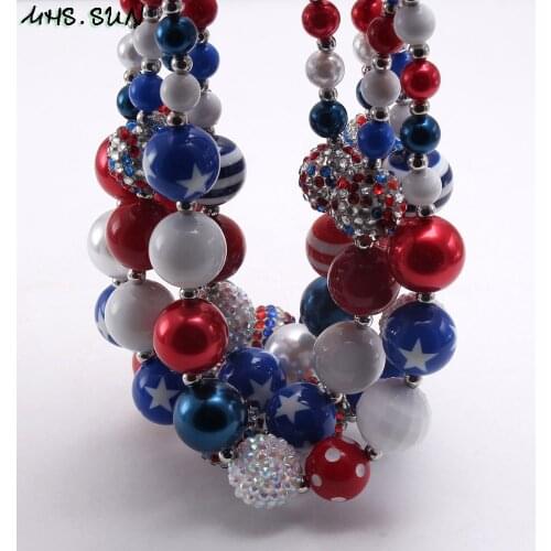 MHS.SUN Baby children fashion 4th july USA flag design chunky bubblegum beads necklace diy rhinestone necklace for kids party