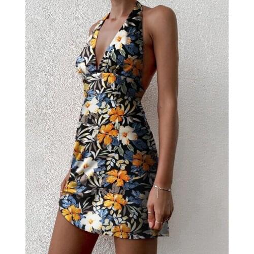 New arrivals 2021 summer womens dress halterneck floral halter mini dress