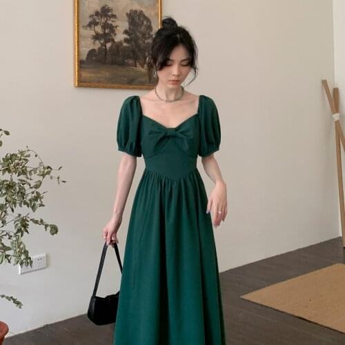 2021 New French Palace Retro Bubble Short Sleeve V Neck Green Waist To Show Thin Temperament Dress Children Summer