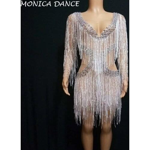 Sexy Silver Rhinestones Fringes Dress Lady Prom Evening Outfit Bar Singer See Through Mesh Dress Shining Birthday Tassels Dress