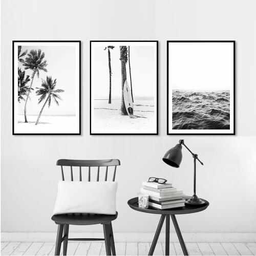 Nordic Black White Wall Art Canvas Painting Coconut Tree Beach Island Wave Poster And Prints Wall Picture For Unique Room Decor