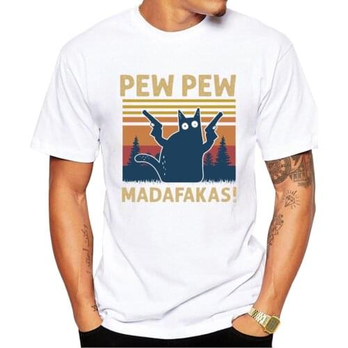 TEEHUB Short Sleeve Man Tops Vintage Funny Cat Pew Pew Madafakas T-Shirt Black Cat Printed Tshirts Cool t shirts Essential Tee