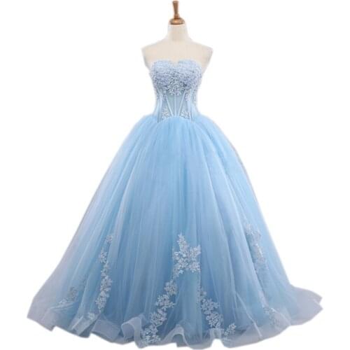 2021 Modern Light Blue Tulle Ball Gown Wedding Dresses Bridal Gowns Plus size White Lace Applique See Through Court Train