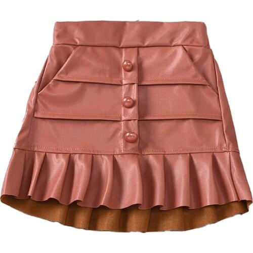 Vintage pleated girls skirt black/pink pu leather kids skirt for girls party wedding pettiskirt toddler clothing children skirt