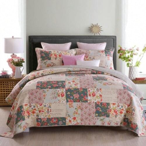 CHAUSUB Quality Bedspread Quilt Set 3PCS Floral Printed Cotton Quilts Quilted Coverlet Bed Cover Pillowcase King Queen Size