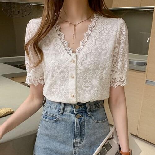 Summer New Korean V-neck Lace Stitching Women Shirts Short-sleeved Lace Hollow Out Top Female Women Tops and Blouse 13985