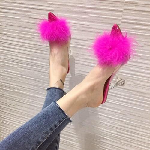 2021 New yellow sexy pointed toe transparent high heels fluffy slippers women summer fashion cup heel slides mules shoes women